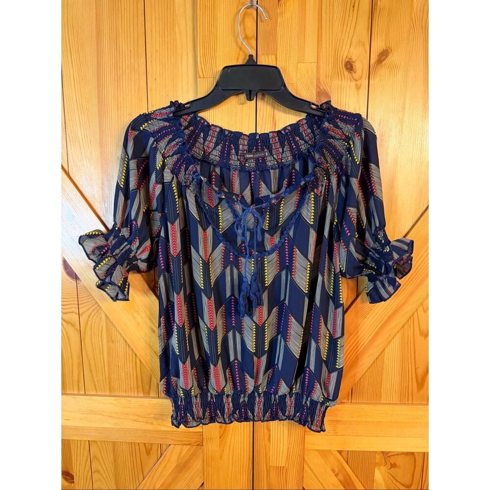 Hazel Navy Geometric Boho Peasant Blouse Off Shoulder Top Size Small (7922)